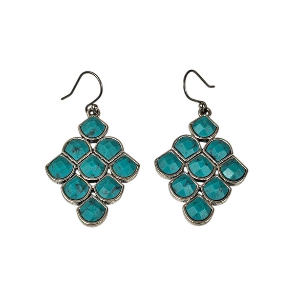 Vintage Boho Turquoise Dangle Earrings Silver Tone Geometric Drop Jewelry - Picture 1 of 9